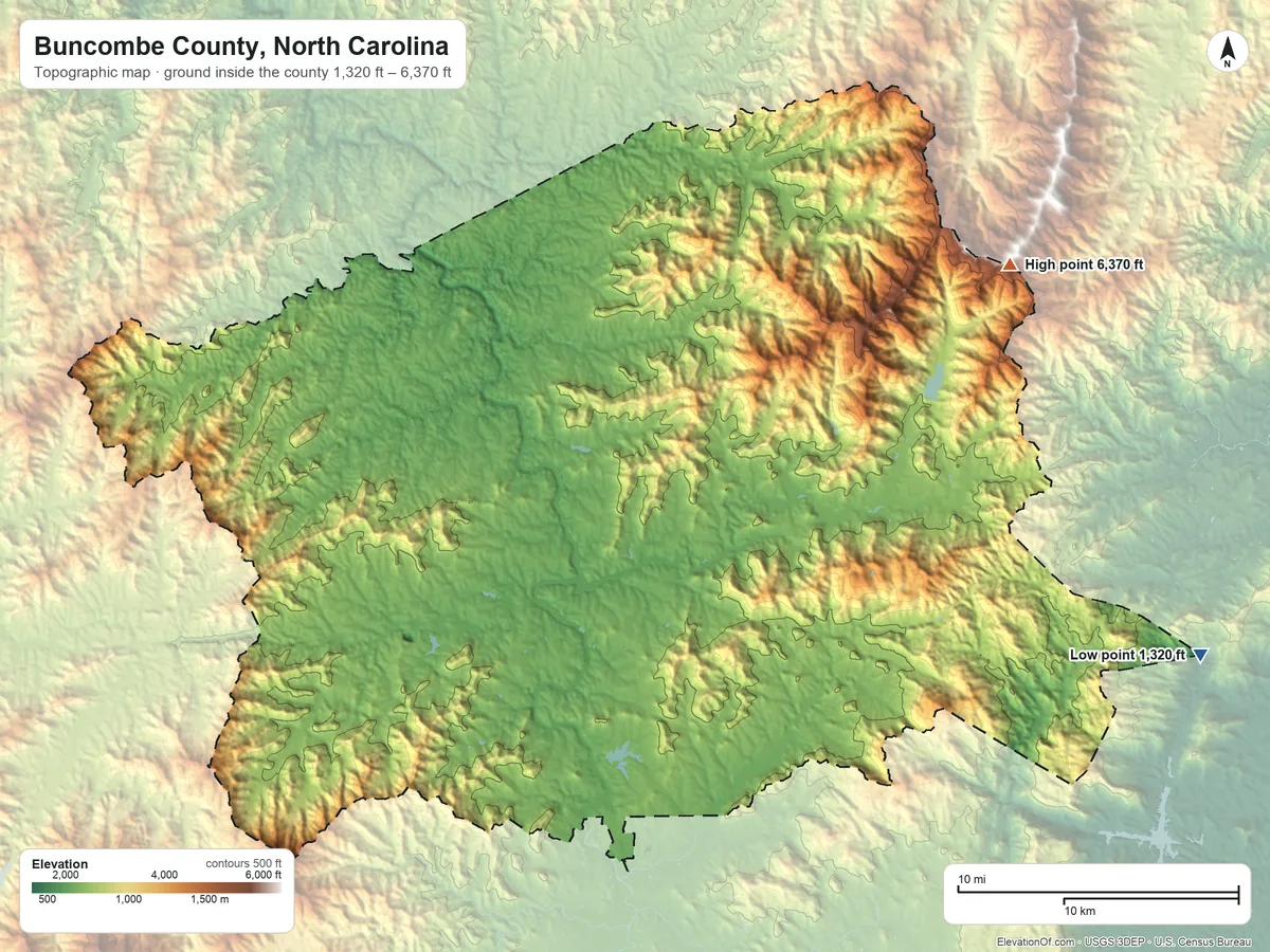Topographic elevation map of Buncombe County, North Carolina, shaded from 1,320 ft on the east side to 6,370 ft on the northeast side
