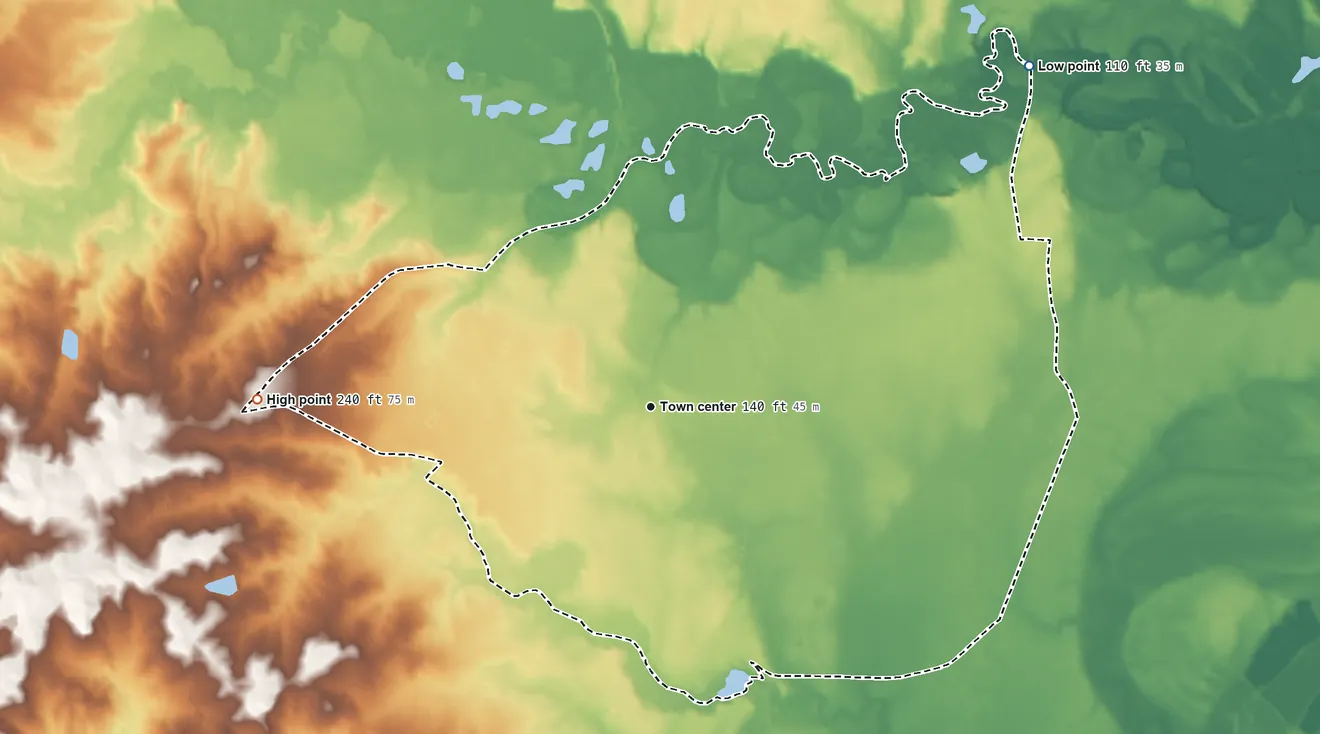 Topographic elevation map of Bunnlevel, North Carolina, shaded from 110 ft on the northeast side to 240 ft on the west side