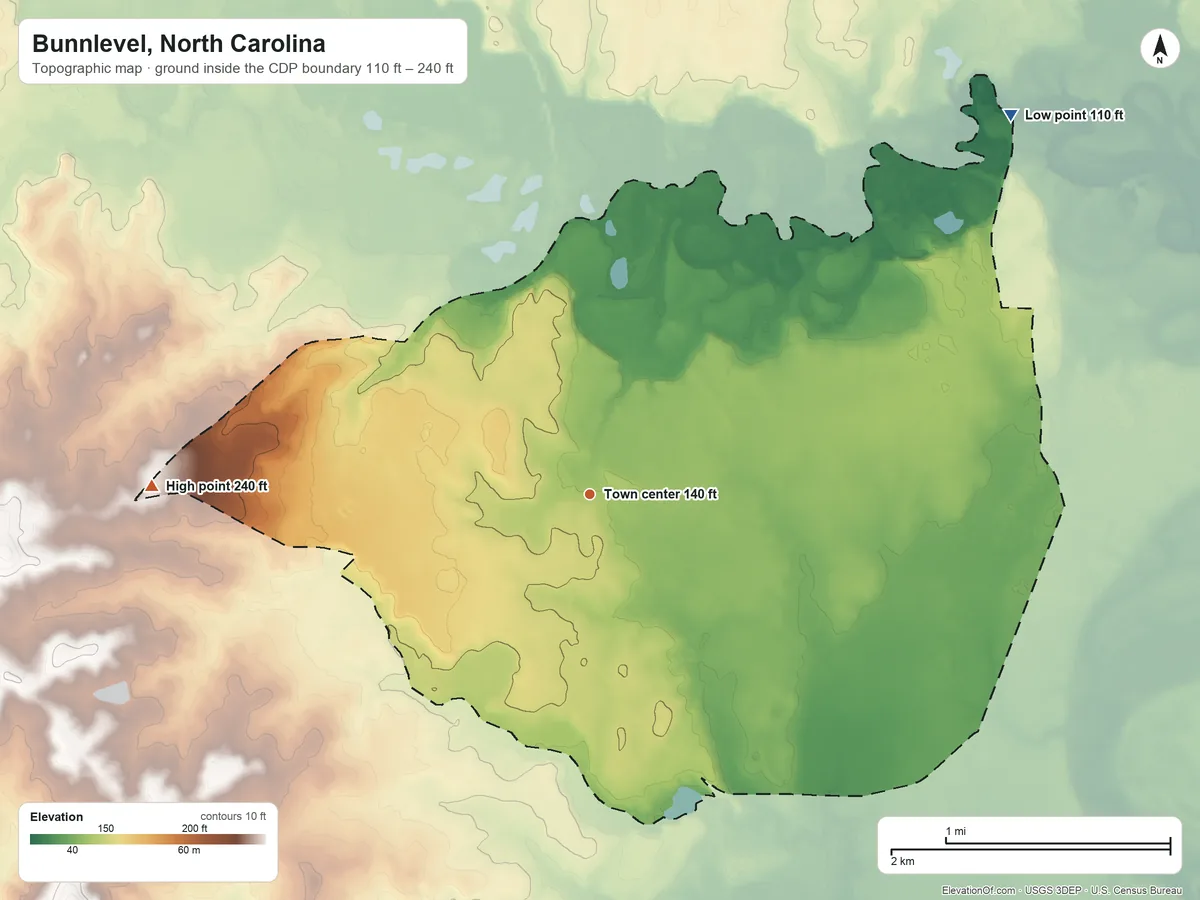Topographic elevation map of Bunnlevel, North Carolina, shaded from 110 ft on the northeast side to 240 ft on the west side