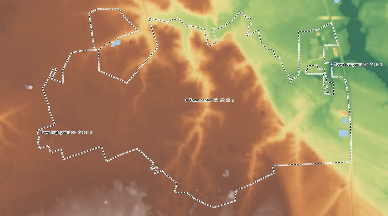 Topographic elevation map of Burgaw, North Carolina, shaded from 16 ft on the east side to 57 ft on the west side