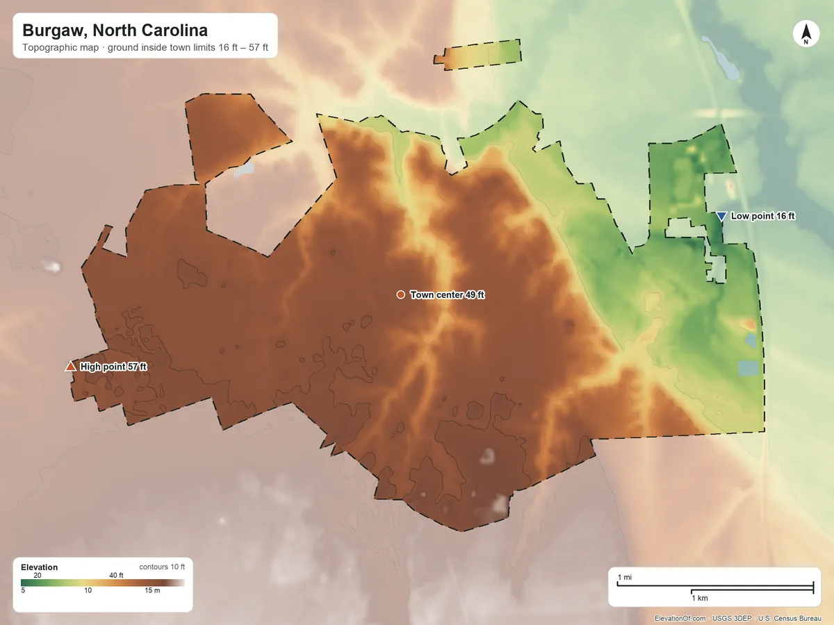 Topographic elevation map of Burgaw, North Carolina, shaded from 16 ft on the east side to 57 ft on the west side