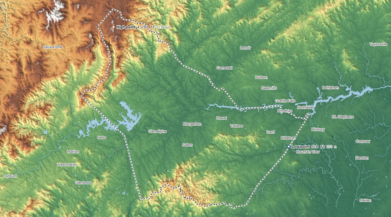 Topographic elevation map of Burke County, North Carolina, shaded from 910 ft on the east side to 4,287 ft on Long Arm Mountain