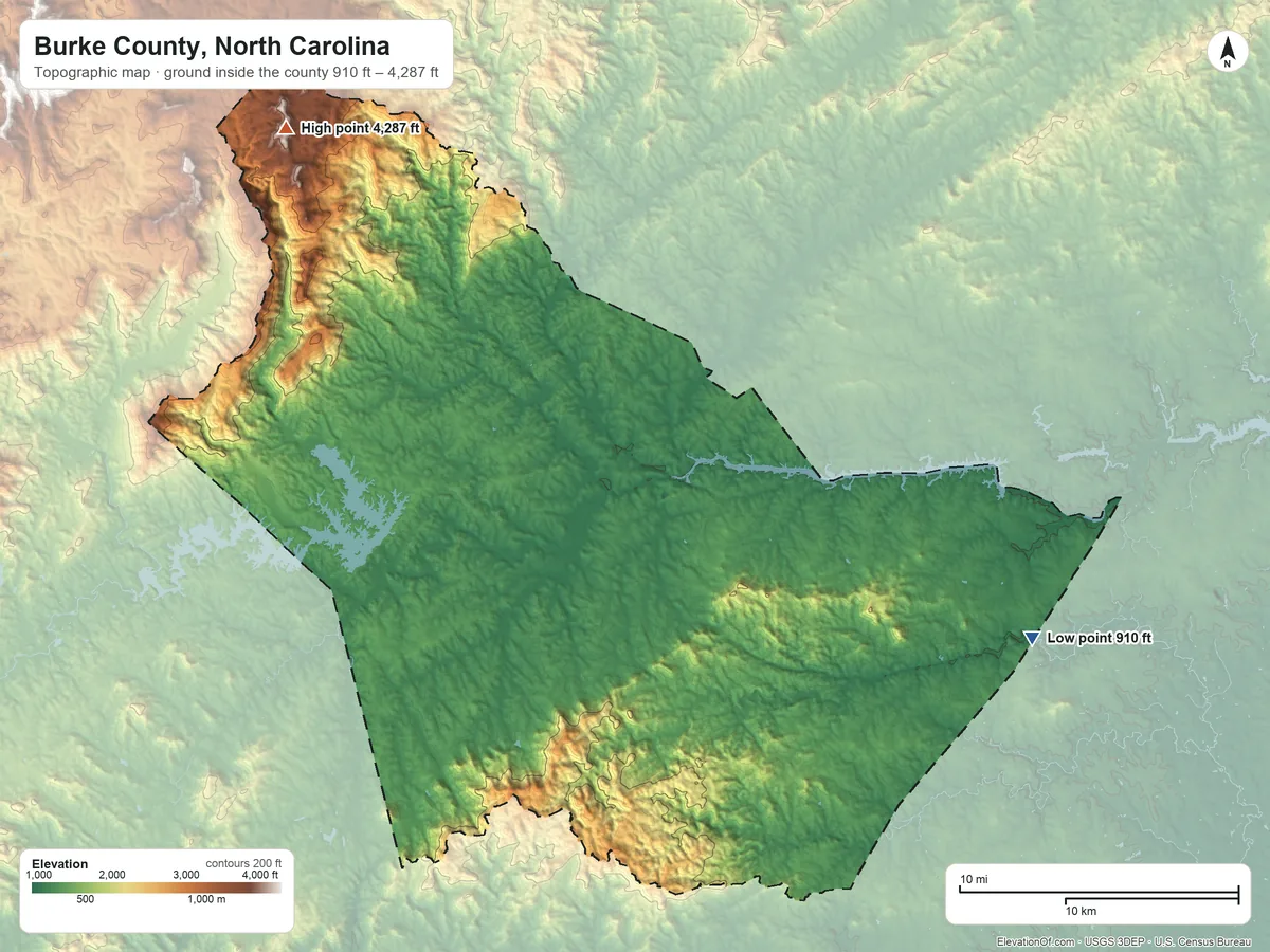 Topographic elevation map of Burke County, North Carolina, shaded from 910 ft on the east side to 4,287 ft on Long Arm Mountain