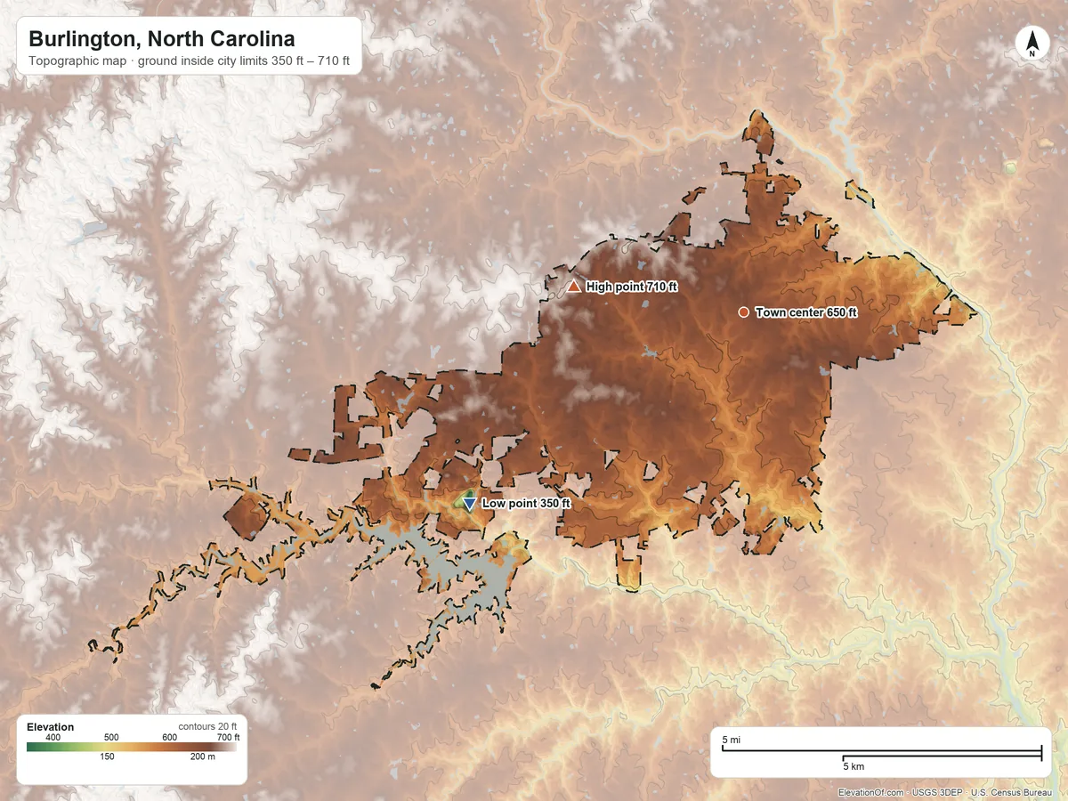 Topographic elevation map of Burlington, North Carolina, shaded from 350 ft on the southwest side to 710 ft on the west side
