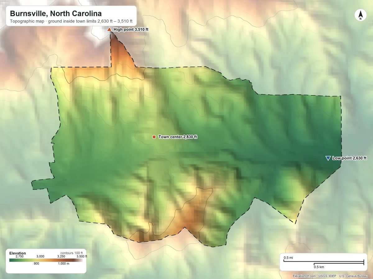Topographic elevation map of Burnsville, North Carolina, shaded from 2,630 ft on the east side to 3,510 ft at the foot of the Green Mountains