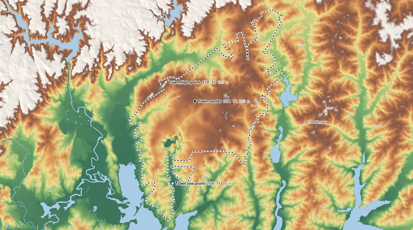 Topographic elevation map of Butner, North Carolina, shaded from 260 ft on the south side to 410 ft on the northwest side