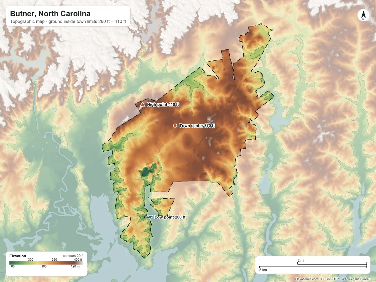 Topographic elevation map of Butner, North Carolina, shaded from 260 ft on the south side to 410 ft on the northwest side