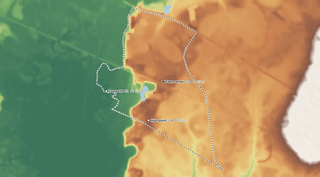 Topographic elevation map of Butters, North Carolina, shaded from 91 ft on the west side to 120 ft on the south side