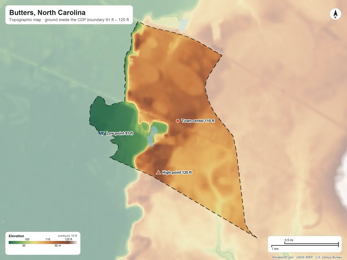 Topographic elevation map of Butters, North Carolina, shaded from 91 ft on the west side to 120 ft on the south side