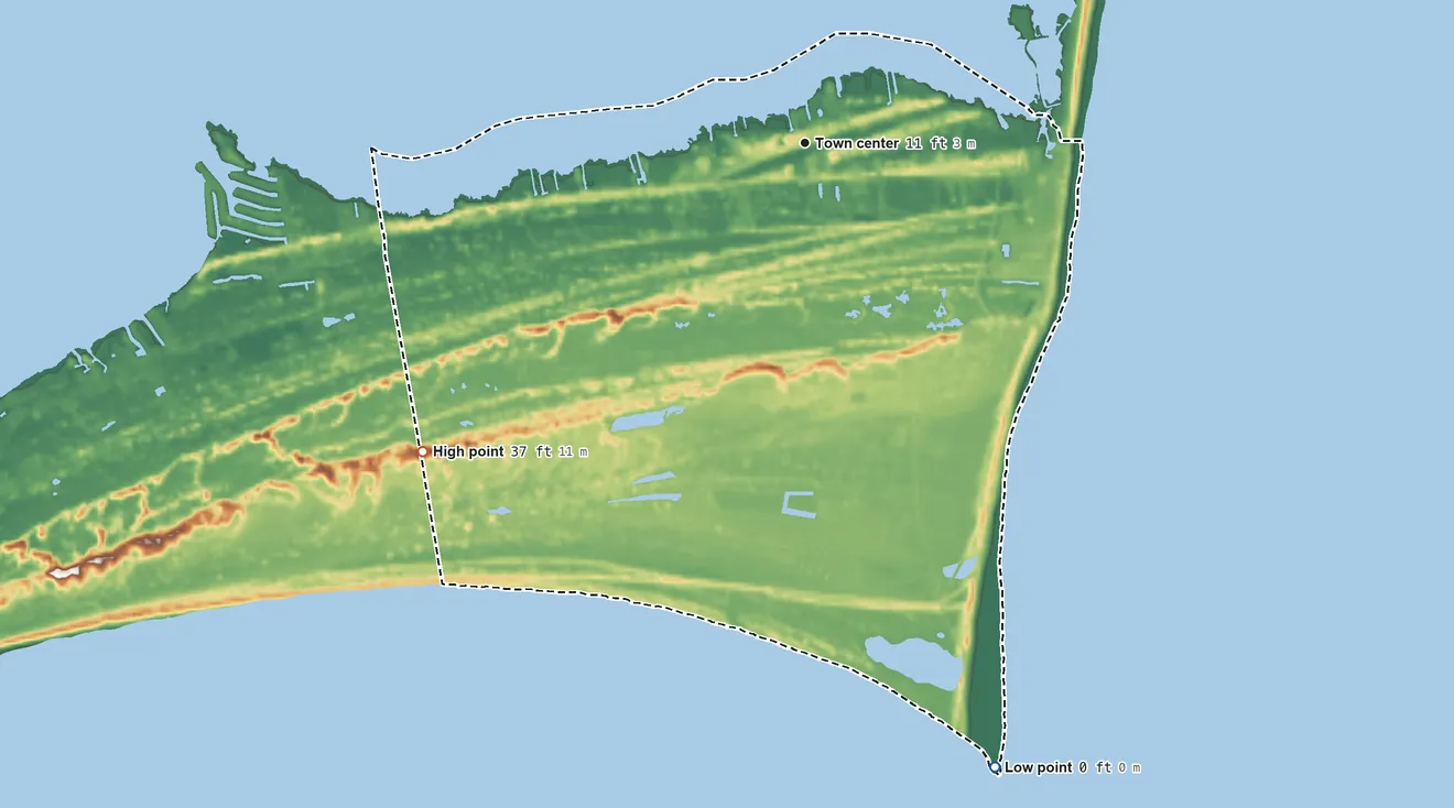 Topographic elevation map of Buxton, North Carolina, shaded from sea level level on the Atlantic Ocean to 37 ft on the southwest side