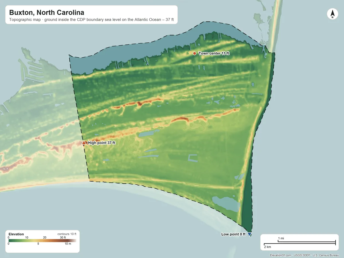 Topographic elevation map of Buxton, North Carolina, shaded from sea level level on the Atlantic Ocean to 37 ft on the southwest side