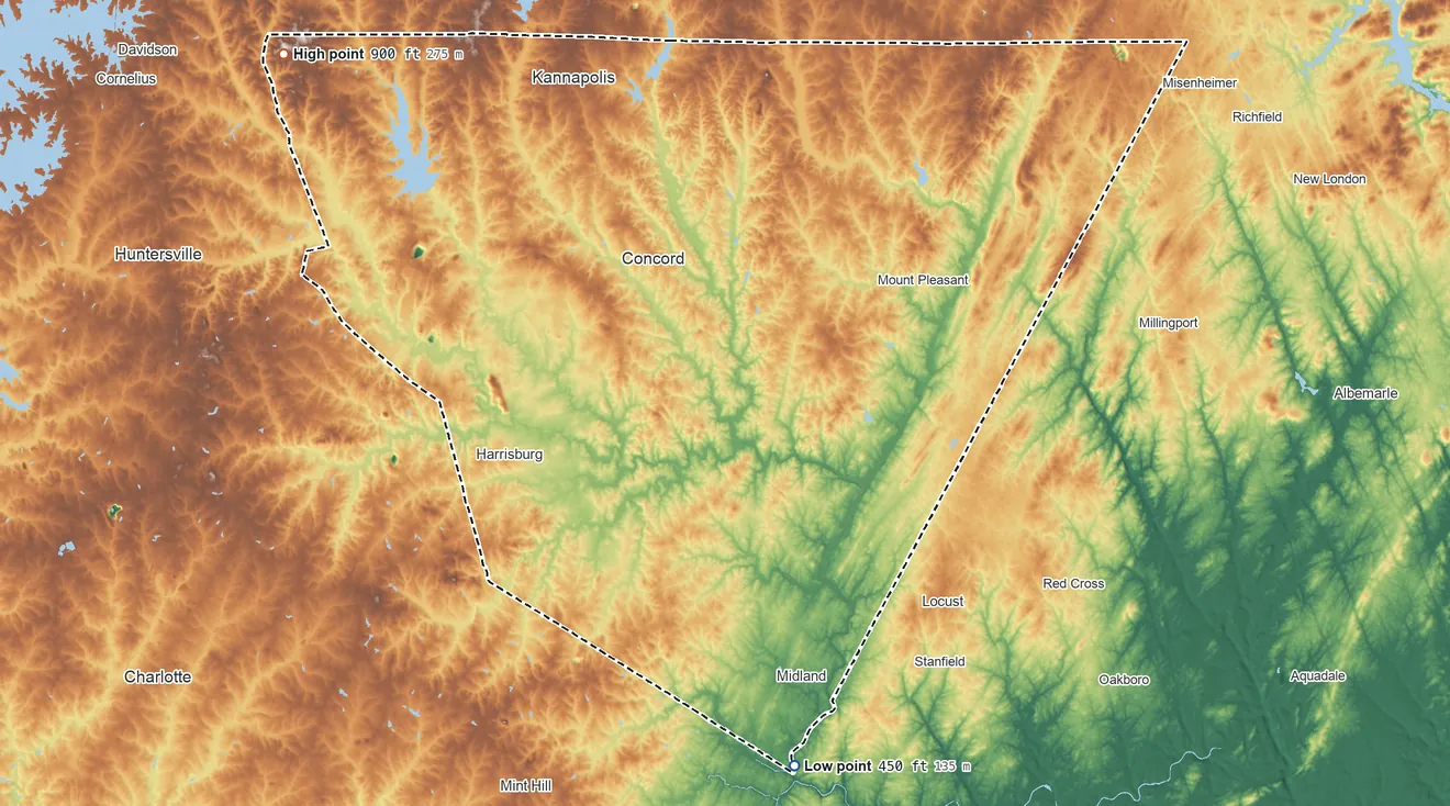 Topographic elevation map of Cabarrus County, North Carolina, shaded from 450 ft on the south side to 900 ft on the northwest side
