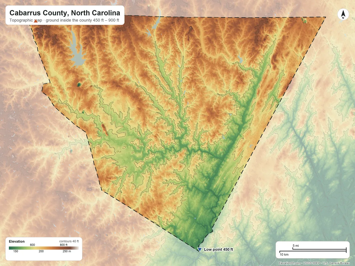 Topographic elevation map of Cabarrus County, North Carolina, shaded from 450 ft on the south side to 900 ft on the northwest side