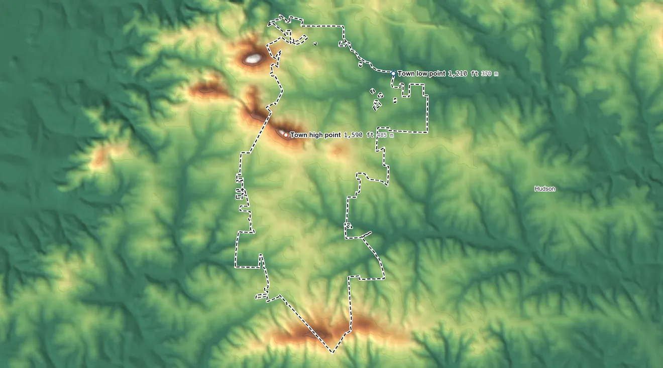 Topographic elevation map of Cajah's Mountain, North Carolina, shaded from 1,210 ft on the northeast side to 1,590 ft on Rippetoe Mountain