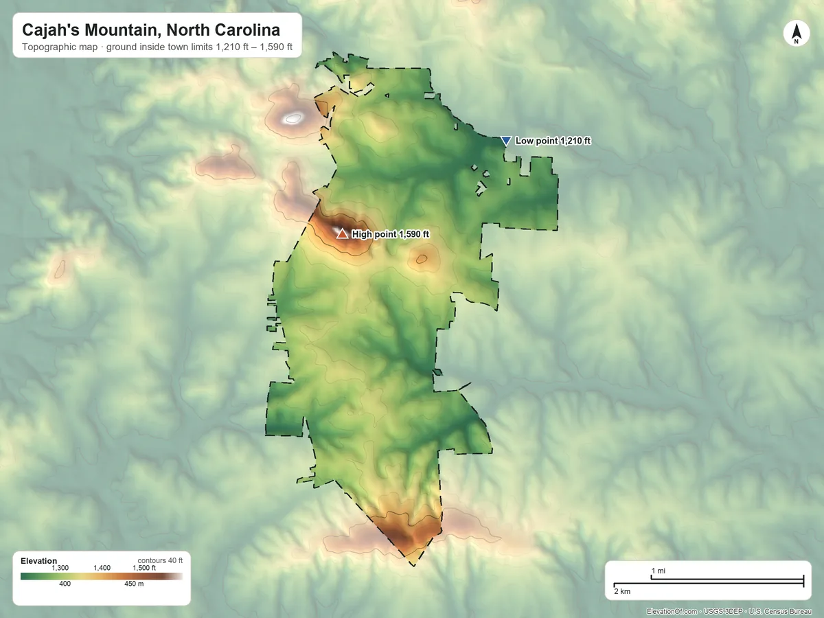 Topographic elevation map of Cajah's Mountain, North Carolina, shaded from 1,210 ft on the northeast side to 1,590 ft on Rippetoe Mountain