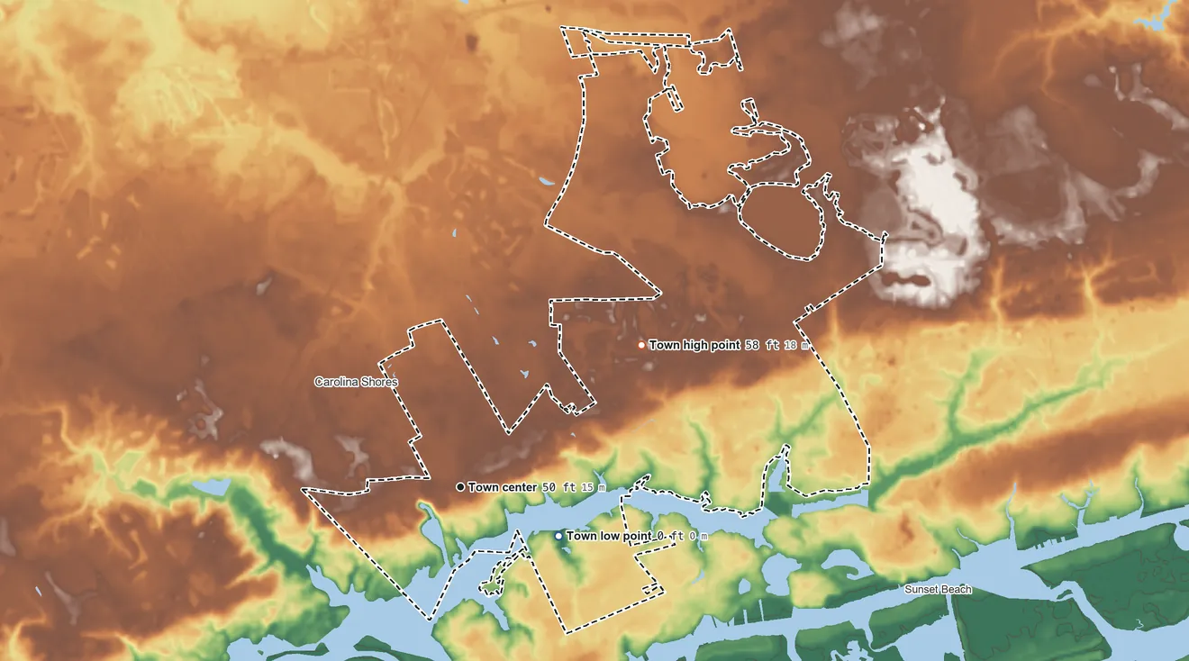 Topographic elevation map of Calabash, North Carolina, shaded from 0 ft on the southeast side to 58 ft on the northeast side