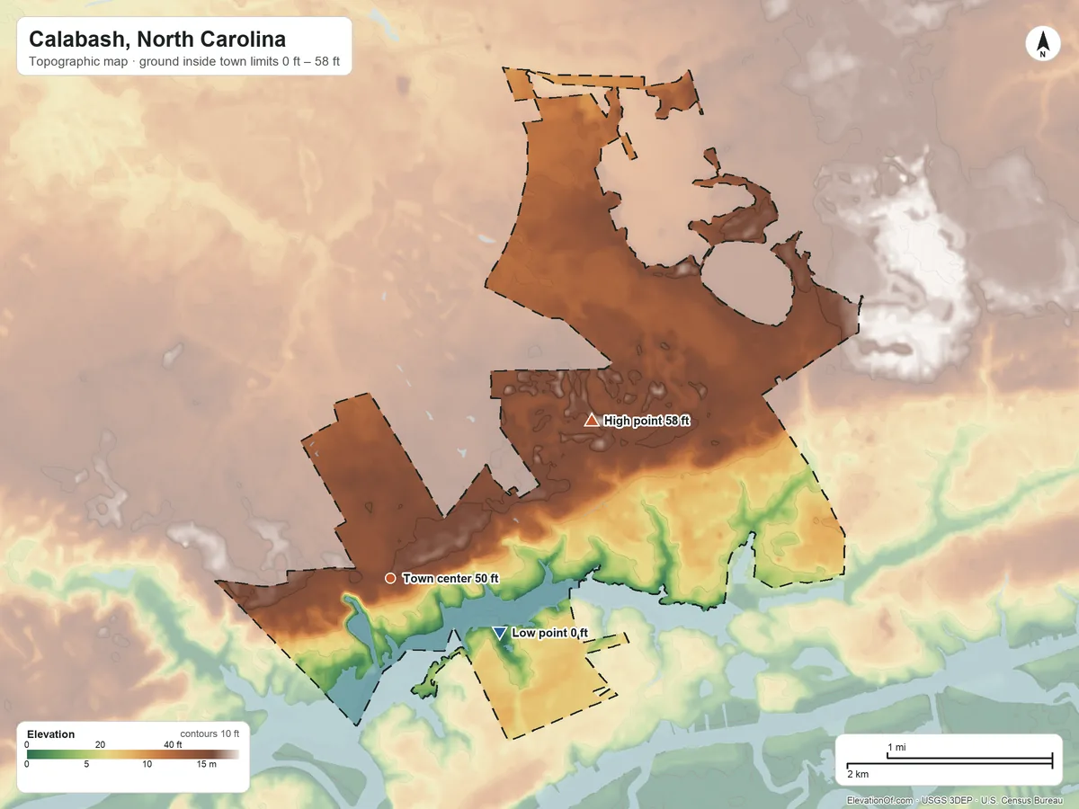 Topographic elevation map of Calabash, North Carolina, shaded from 0 ft on the southeast side to 58 ft on the northeast side