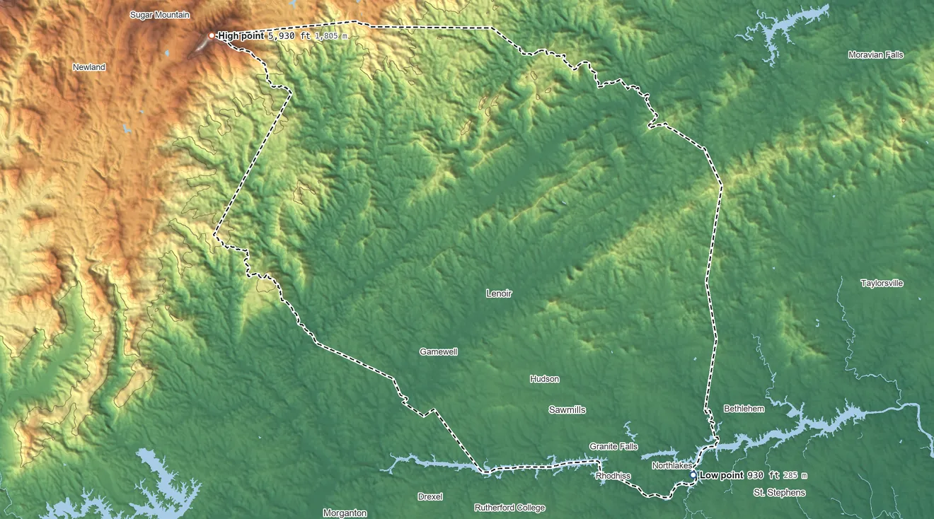 Topographic elevation map of Caldwell County, North Carolina, shaded from 930 ft on the southeast side to 5,930 ft on Calloway Peak