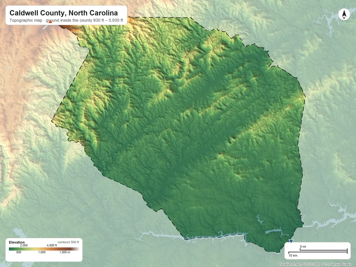 Topographic elevation map of Caldwell County, North Carolina, shaded from 930 ft on the southeast side to 5,930 ft on Calloway Peak
