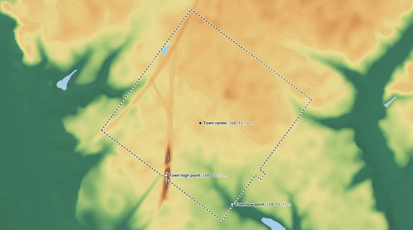 Topographic elevation map of Calypso, North Carolina, shaded from 150 ft on the south side to 180 ft on the southwest side