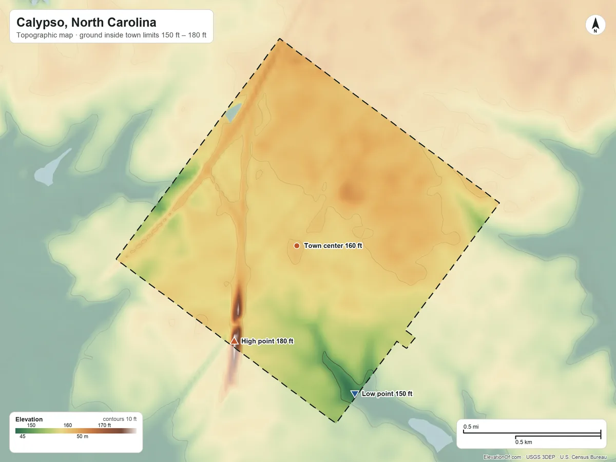 Topographic elevation map of Calypso, North Carolina, shaded from 150 ft on the south side to 180 ft on the southwest side