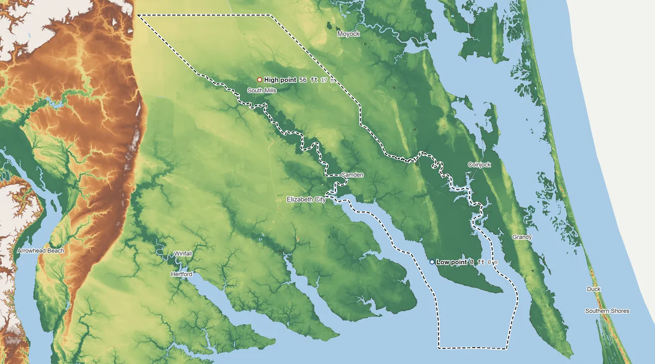 Topographic elevation map of Camden County, North Carolina, shaded from sea level on the Pasquotank River to 56 ft on the northwest side
