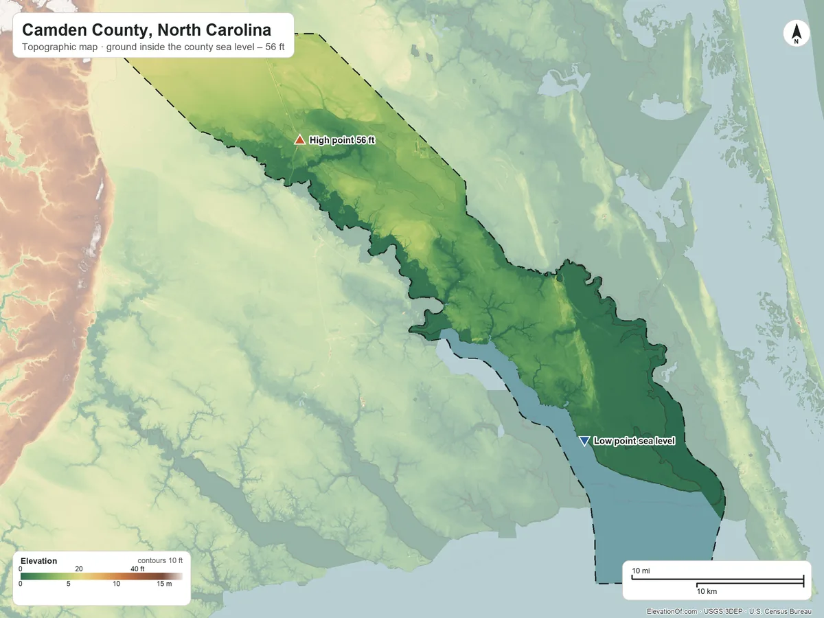 Topographic elevation map of Camden County, North Carolina, shaded from sea level on the Pasquotank River to 56 ft on the northwest side