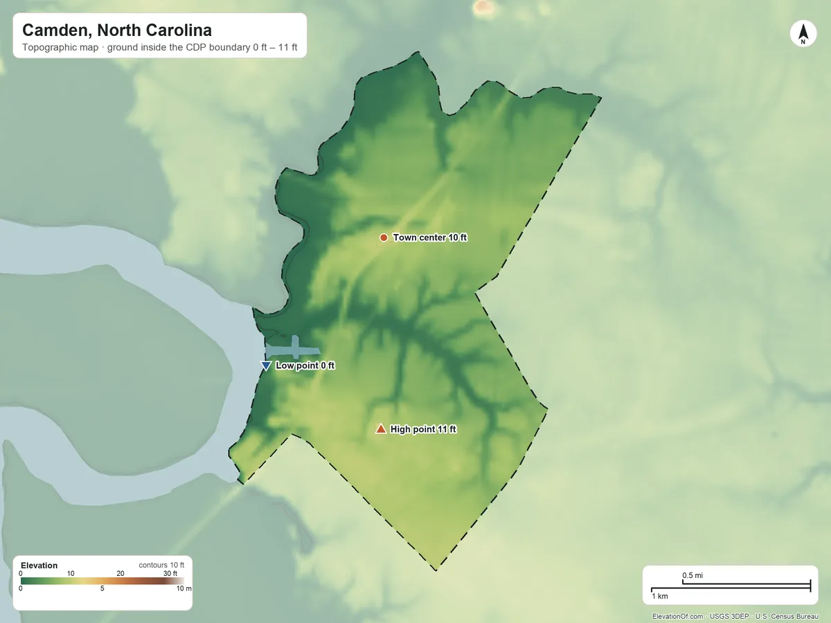 Topographic elevation map of Camden, North Carolina, shaded from 0 ft on the southwest side to 11 ft on the south side