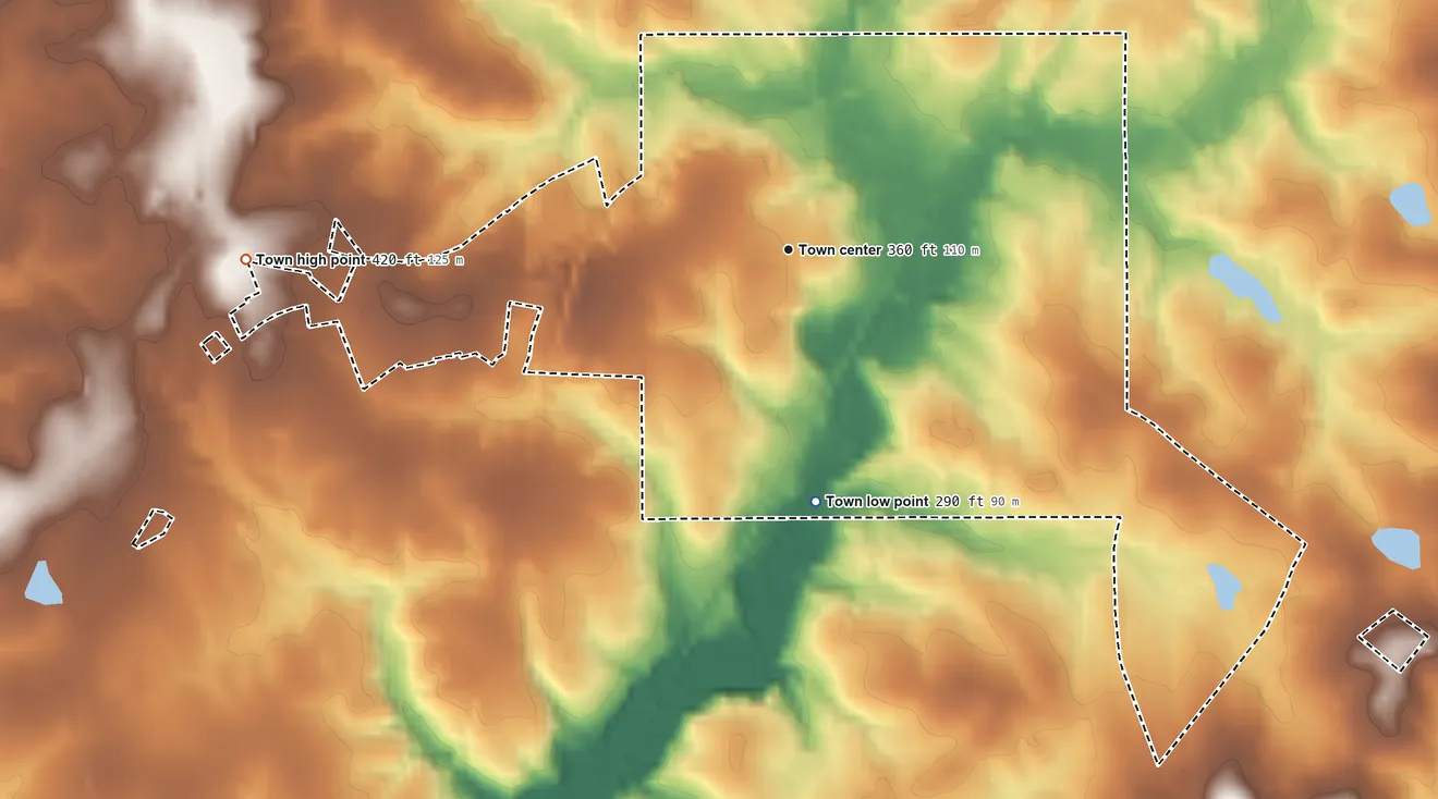 Topographic elevation map of Cameron, North Carolina, shaded from 290 ft on the south side to 420 ft on the west side
