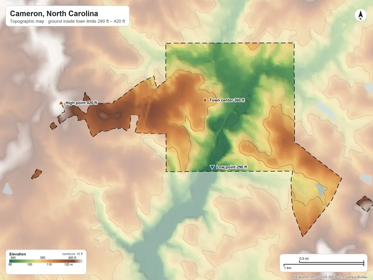 Topographic elevation map of Cameron, North Carolina, shaded from 290 ft on the south side to 420 ft on the west side