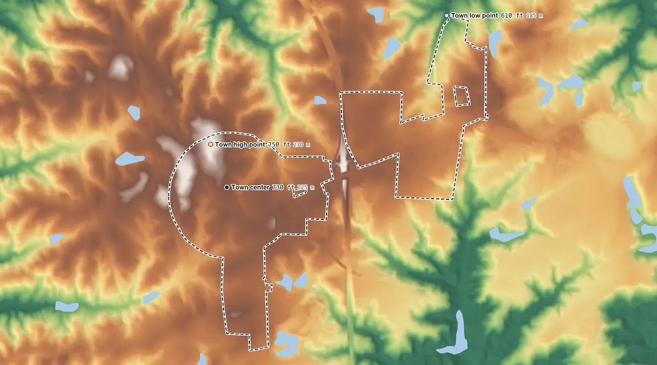 Topographic elevation map of Candor, North Carolina, shaded from 610 ft on the northeast side to 750 ft near the middle