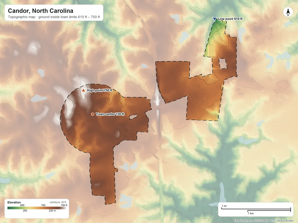 Topographic elevation map of Candor, North Carolina, shaded from 610 ft on the northeast side to 750 ft near the middle