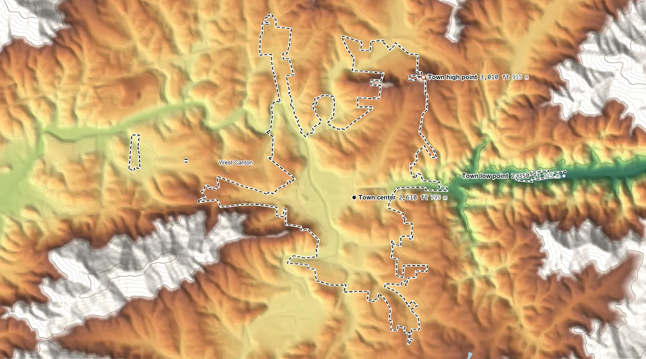 Topographic elevation map of Canton, North Carolina, shaded from 2,350 ft on the east side to 3,010 ft on the northeast edge, below higher ground just outside
