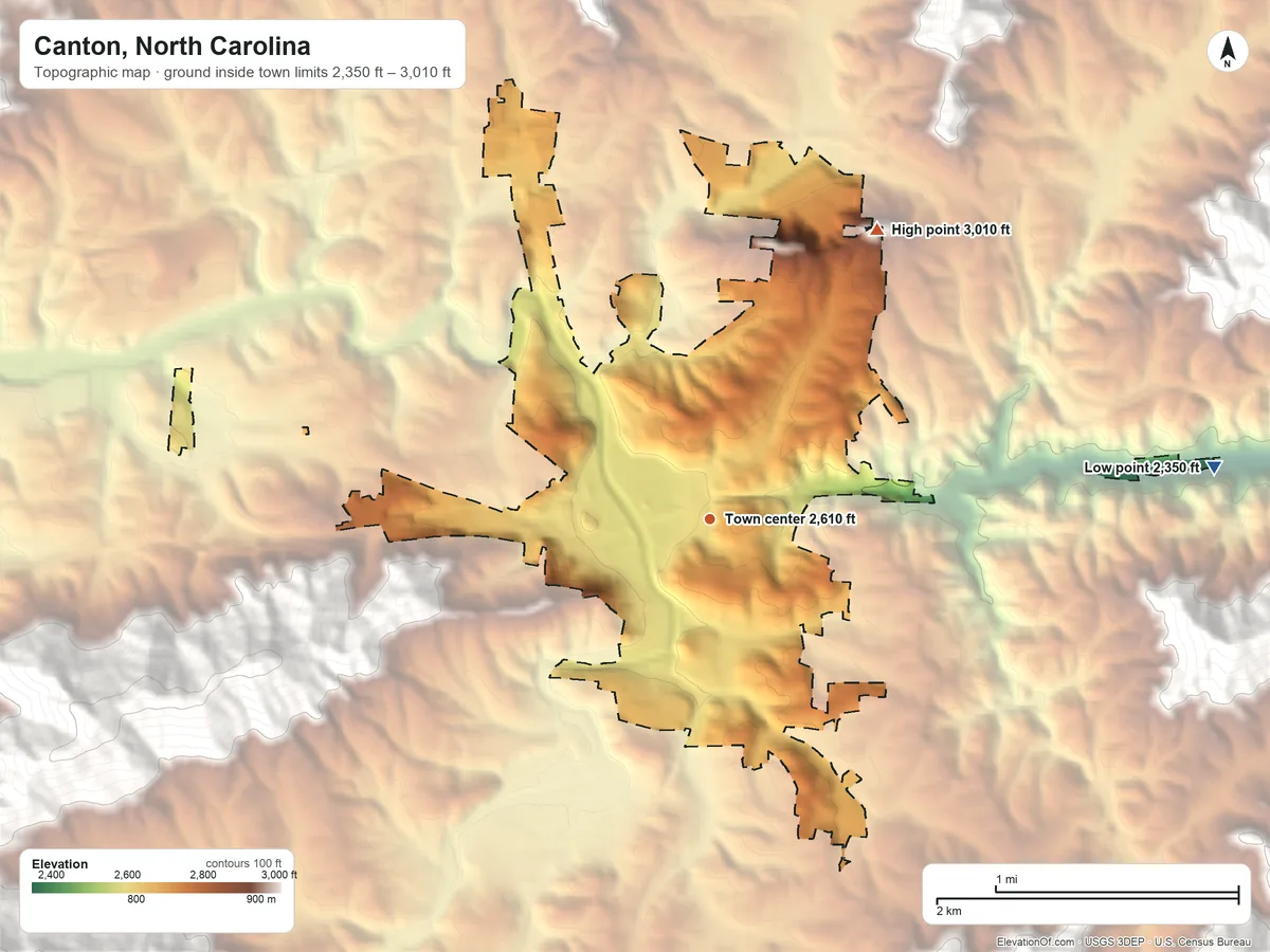 Topographic elevation map of Canton, North Carolina, shaded from 2,350 ft on the east side to 3,010 ft on the northeast edge, below higher ground just outside