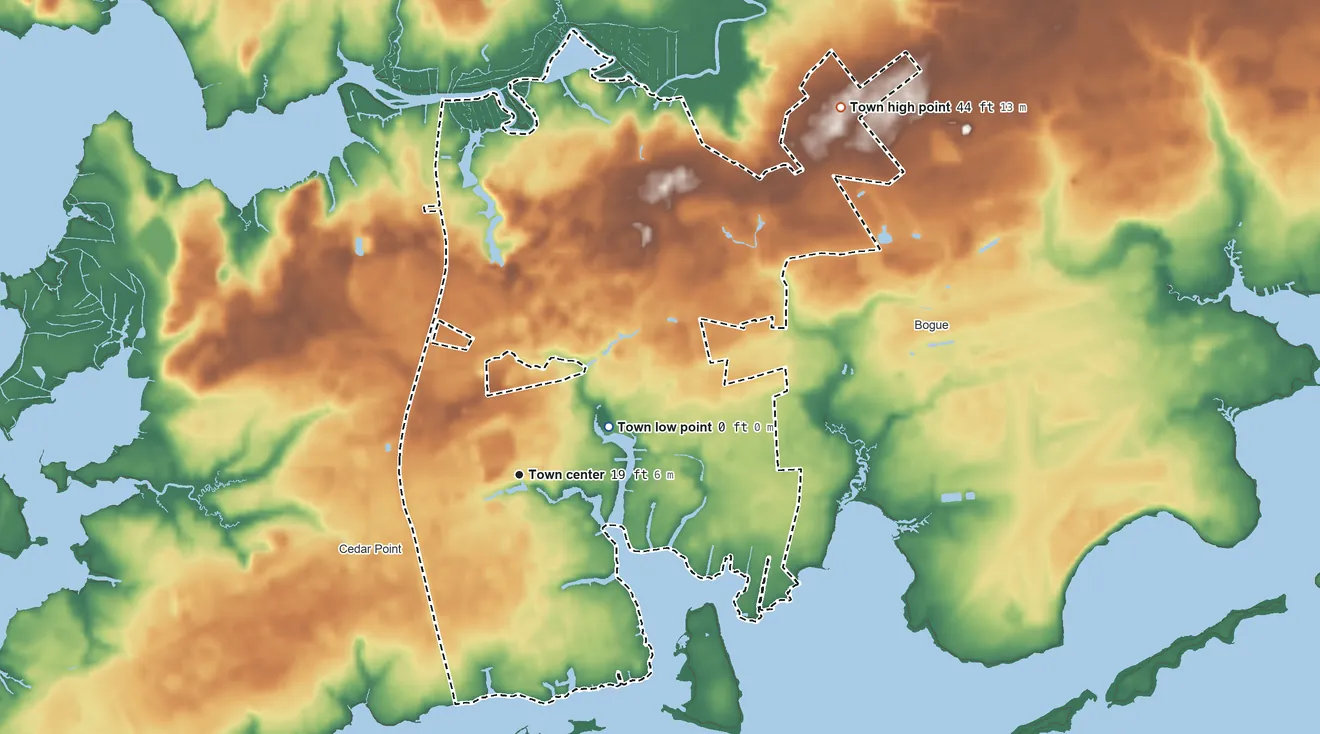 Topographic elevation map of Cape Carteret, North Carolina, shaded from sea level level on Deer Creek to 44 ft on the northeast side
