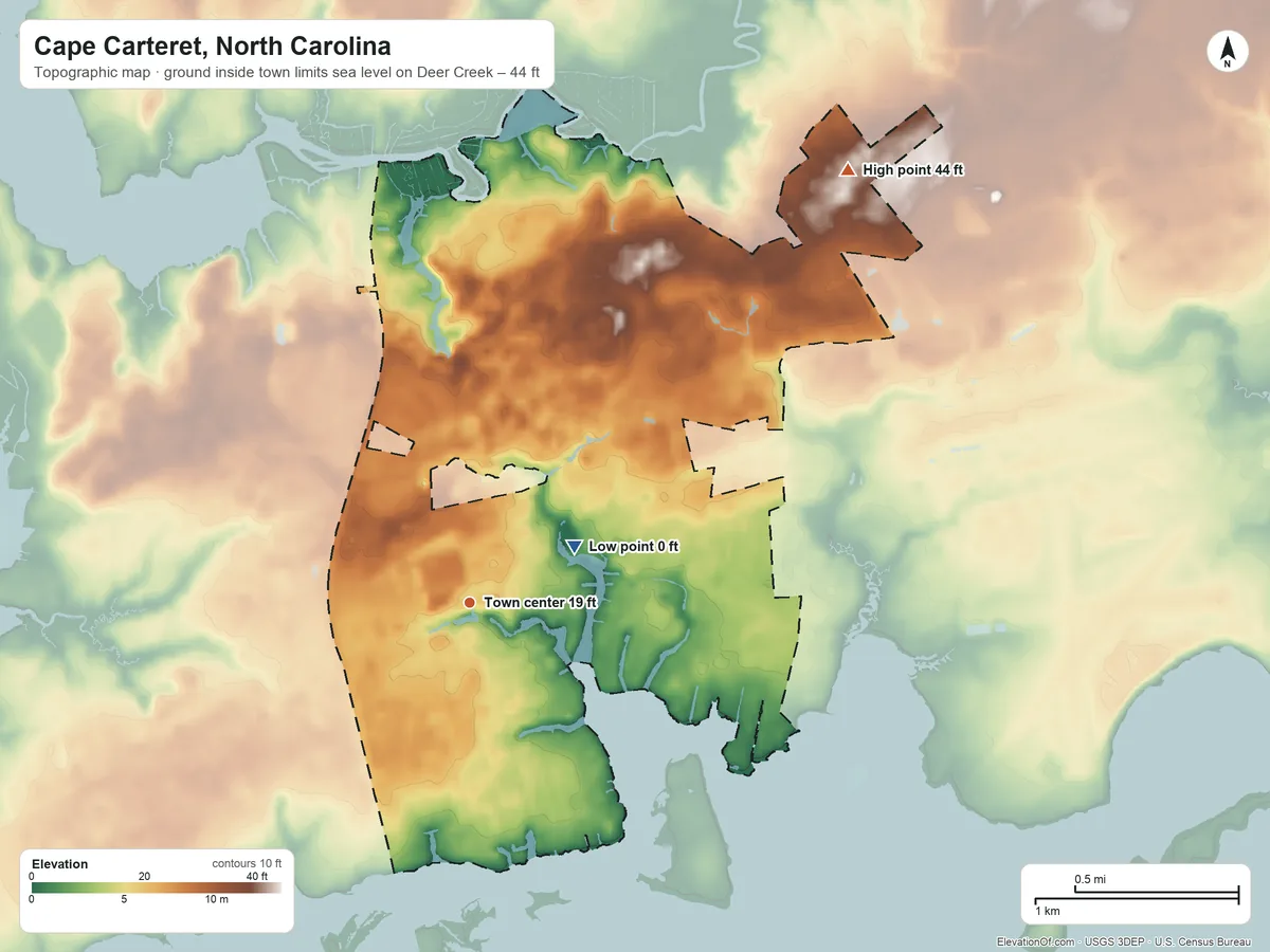 Topographic elevation map of Cape Carteret, North Carolina, shaded from sea level level on Deer Creek to 44 ft on the northeast side