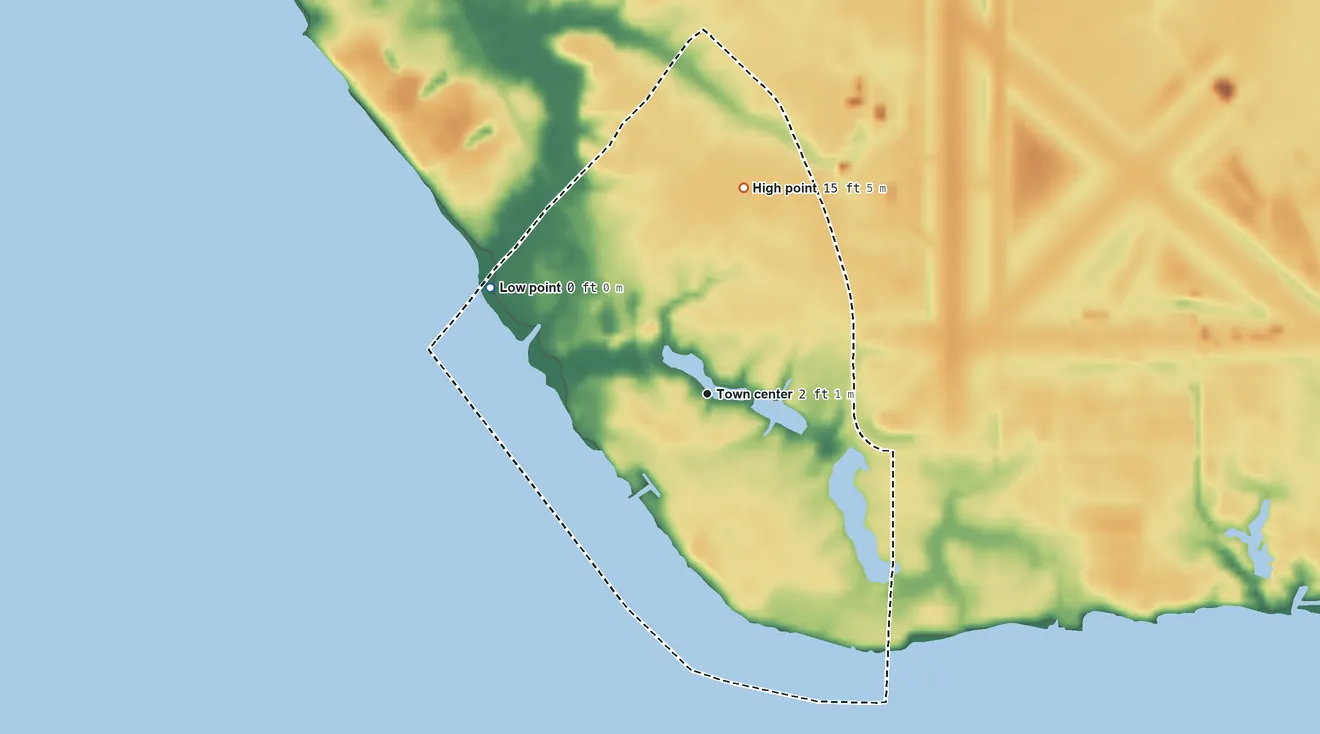 Topographic elevation map of Cape Colony, North Carolina, shaded from sea level level on Edenton Bay to 15 ft on the north side