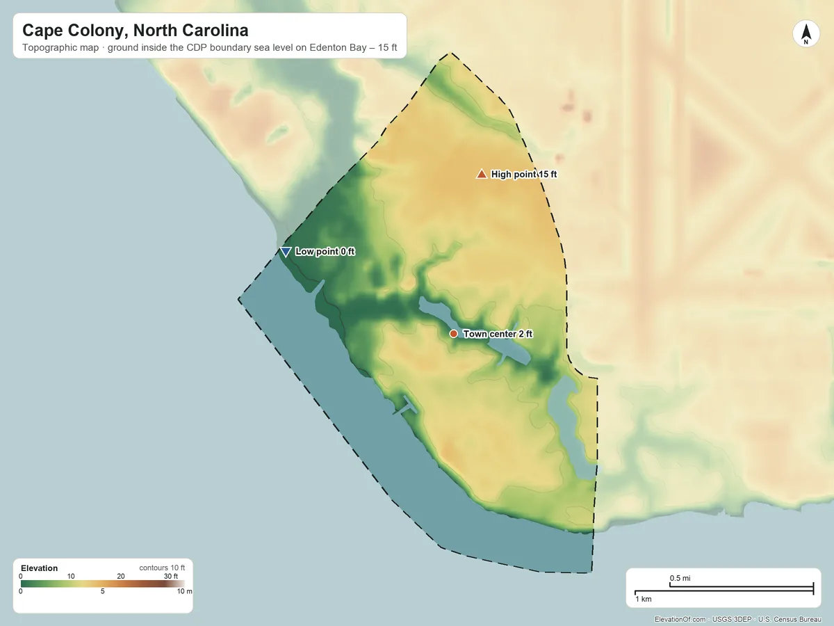 Topographic elevation map of Cape Colony, North Carolina, shaded from sea level level on Edenton Bay to 15 ft on the north side