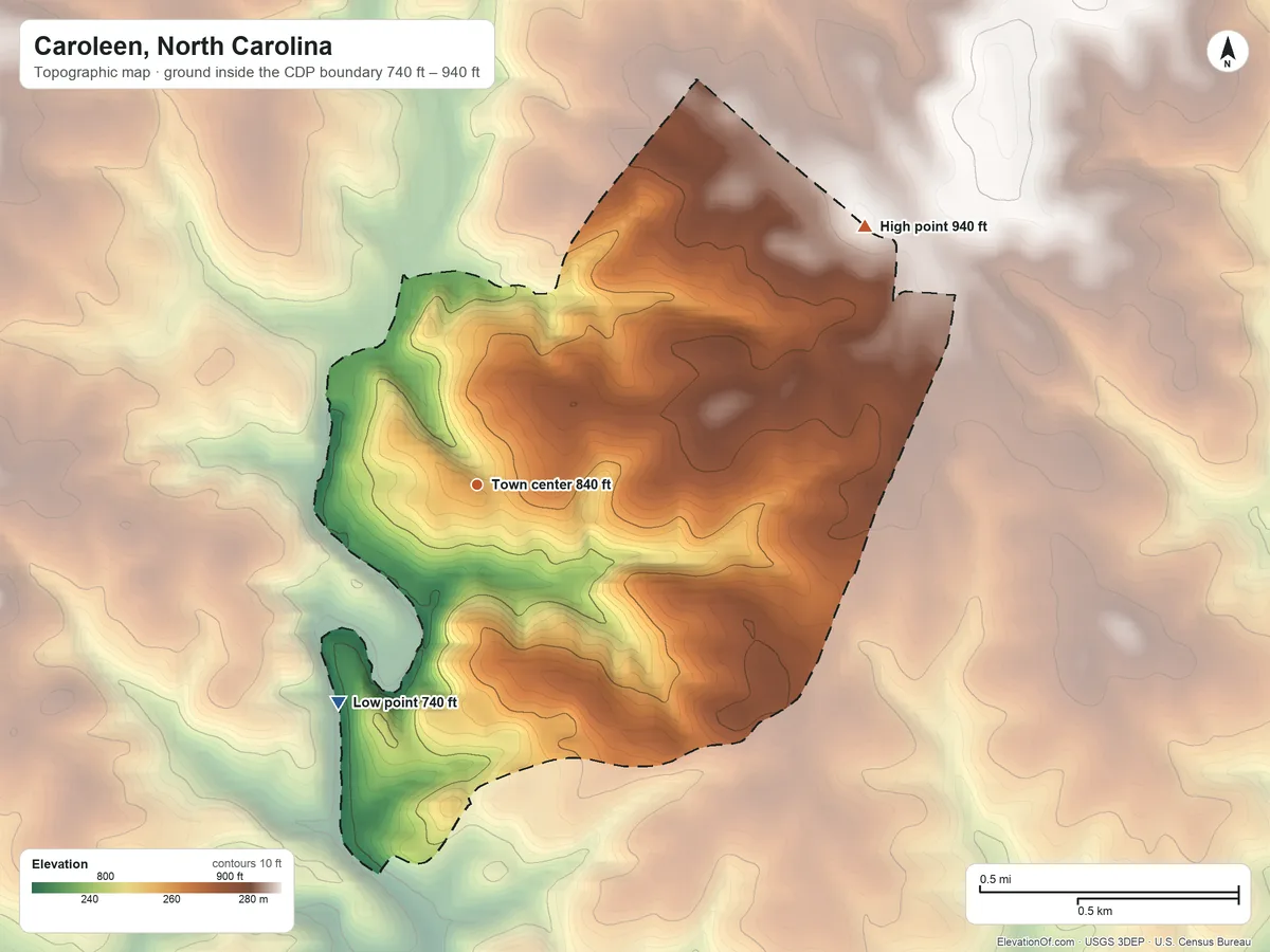 Topographic elevation map of Caroleen, North Carolina, shaded from 740 ft on the southwest side to 940 ft on the northeast side
