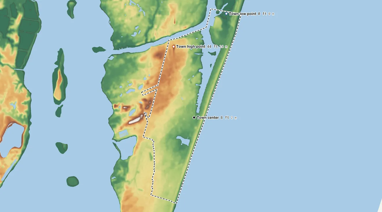 Topographic elevation map of Carolina Beach, North Carolina, shaded from sea level level on Myrtle Grove Sound to 44 ft on the north side