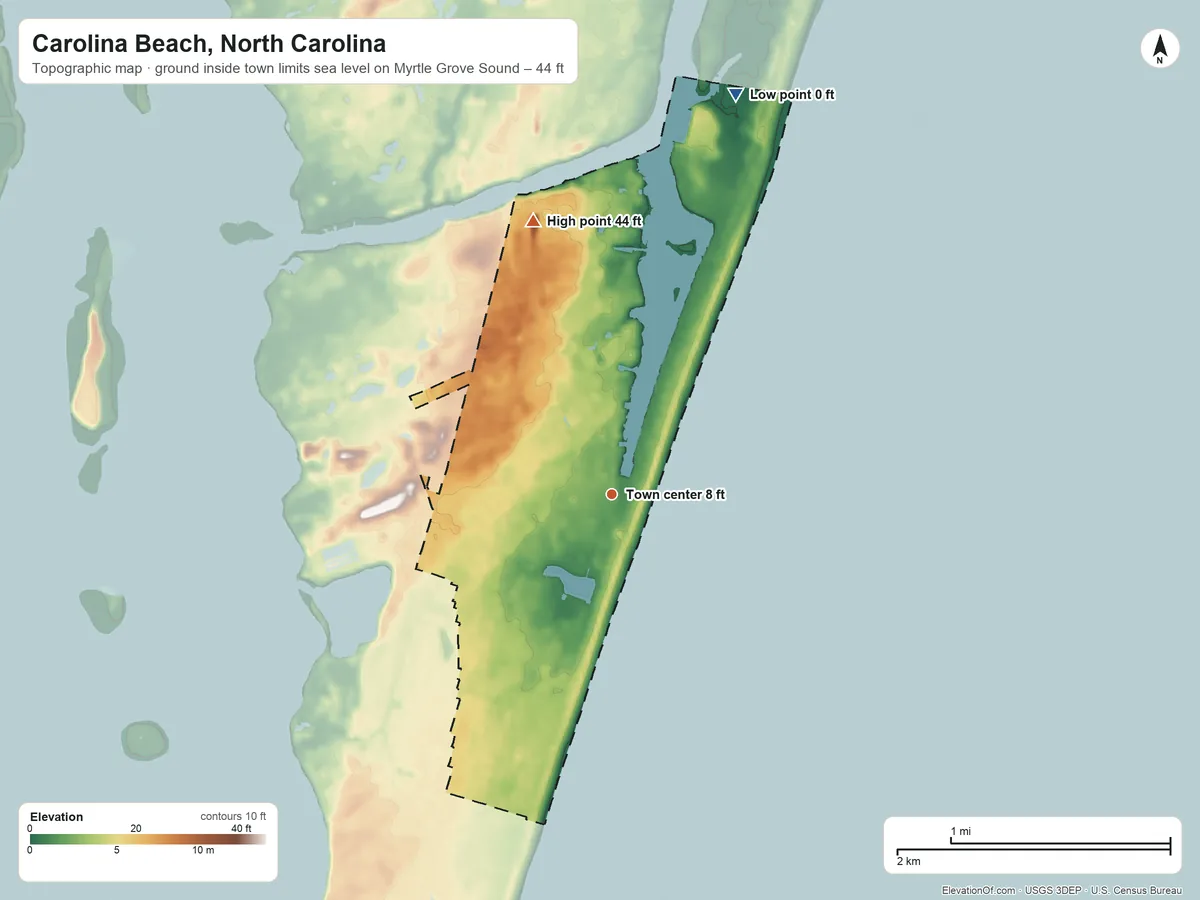Topographic elevation map of Carolina Beach, North Carolina, shaded from sea level level on Myrtle Grove Sound to 44 ft on the north side