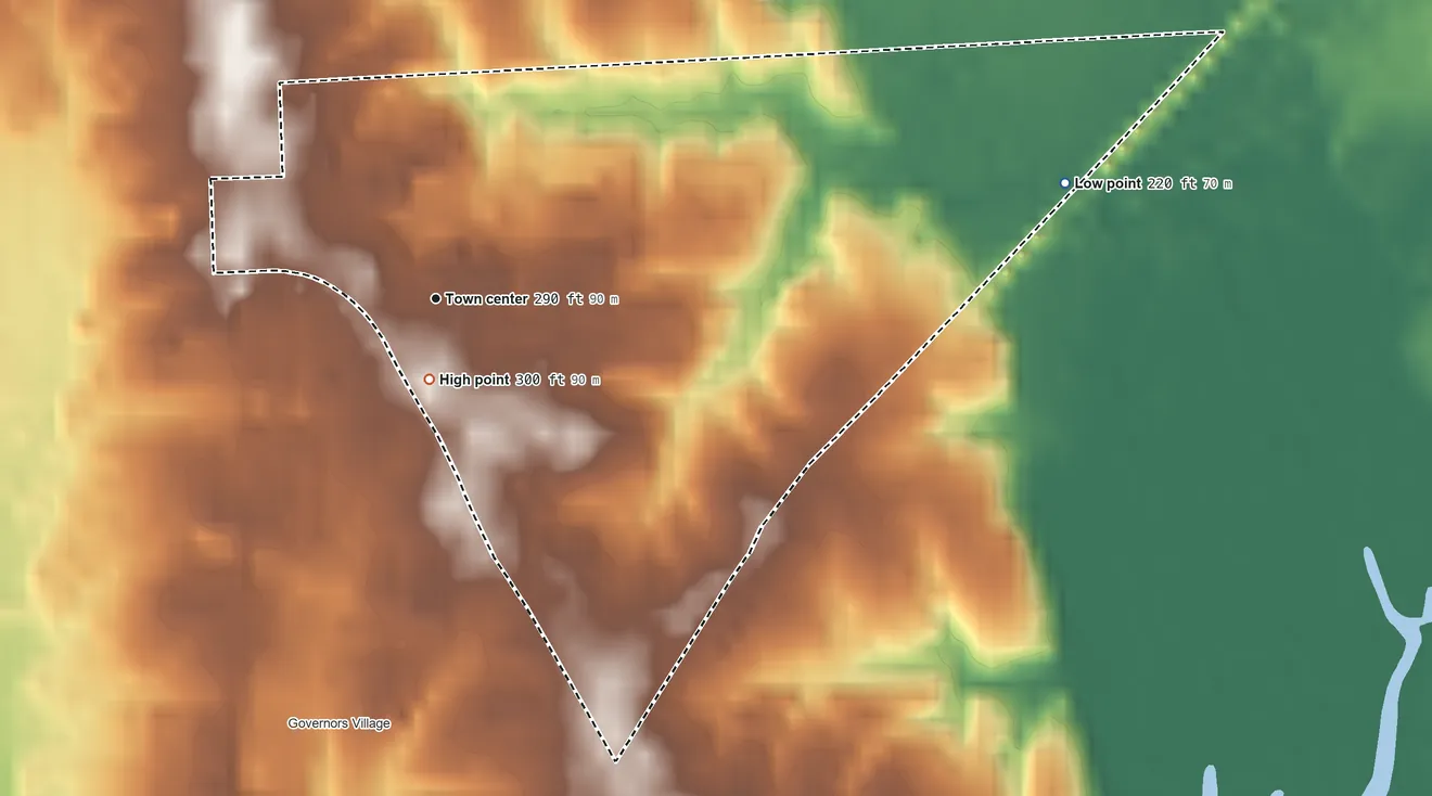 Topographic elevation map of Carolina Meadows, North Carolina, shaded from 220 ft on the east side to 300 ft on the south edge, below higher ground just outside