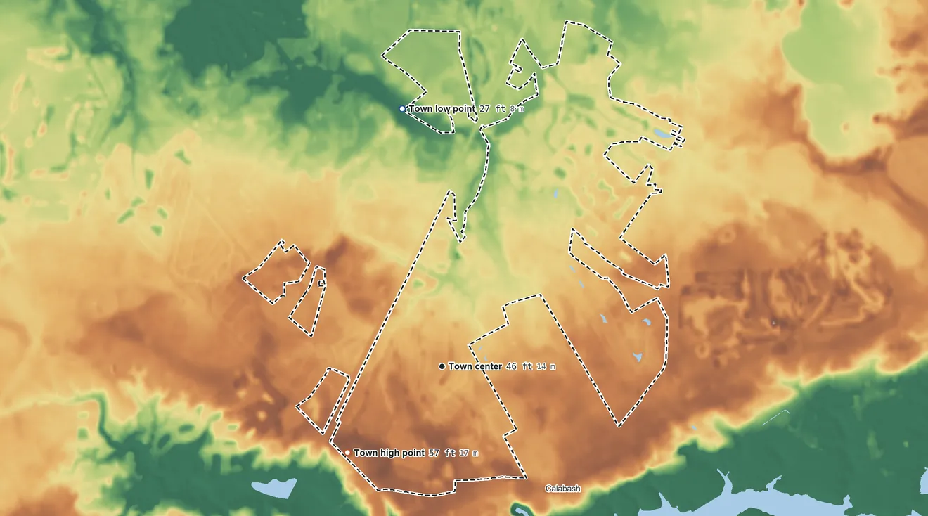 Topographic elevation map of Carolina Shores, North Carolina, shaded from 27 ft on the north side to 57 ft on the southwest side