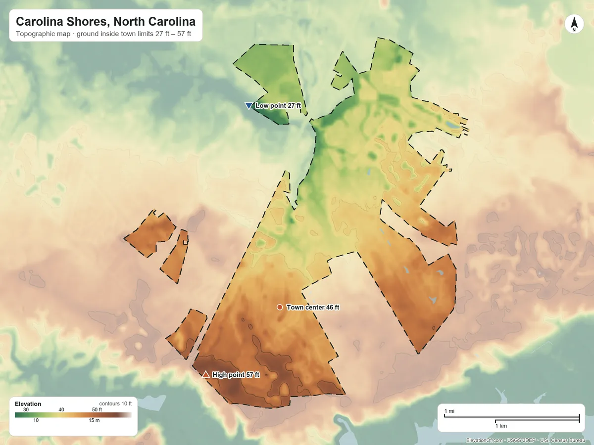 Topographic elevation map of Carolina Shores, North Carolina, shaded from 27 ft on the north side to 57 ft on the southwest side