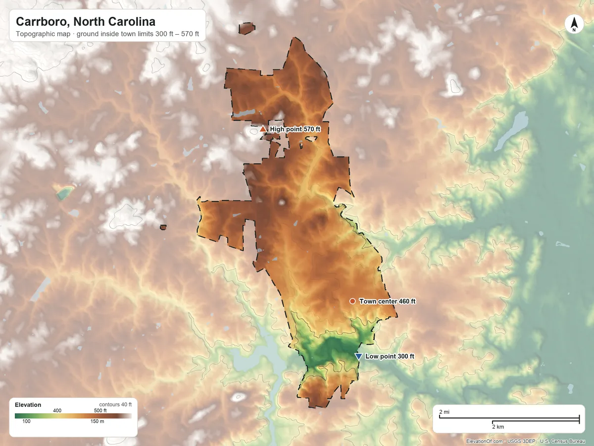 Topographic elevation map of Carrboro, North Carolina, shaded from 300 ft on the south side to 570 ft on the northwest edge, below higher ground just outside