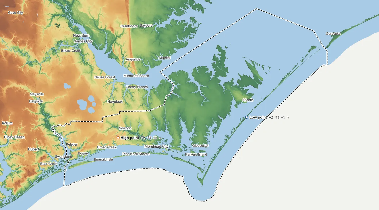Topographic elevation map of Carteret County, North Carolina, shaded from 2 ft below sea level on the east side to 72 ft on the southwest side