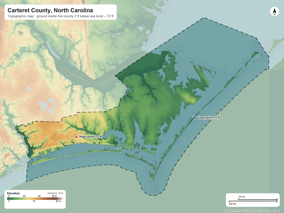 Topographic elevation map of Carteret County, North Carolina, shaded from 2 ft below sea level on the east side to 72 ft on the southwest side