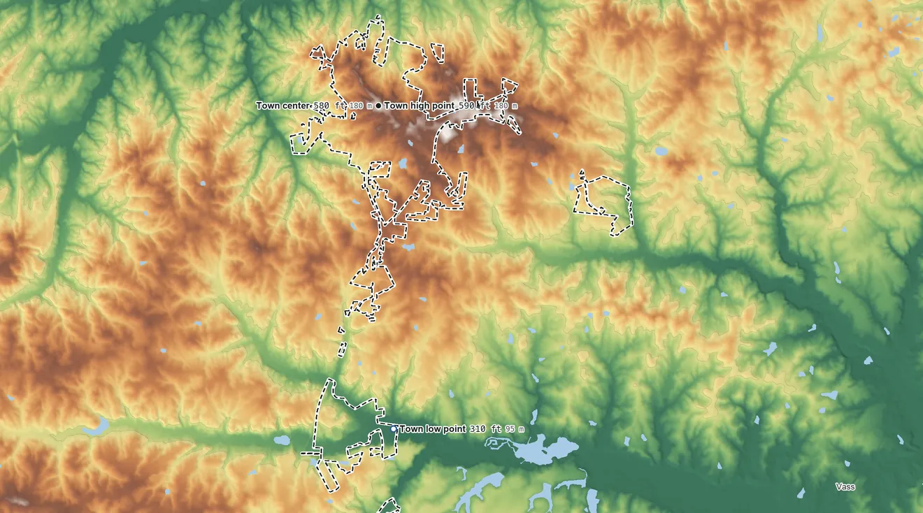 Topographic elevation map of Carthage, North Carolina, shaded from 310 ft on the south side to 590 ft near the middle