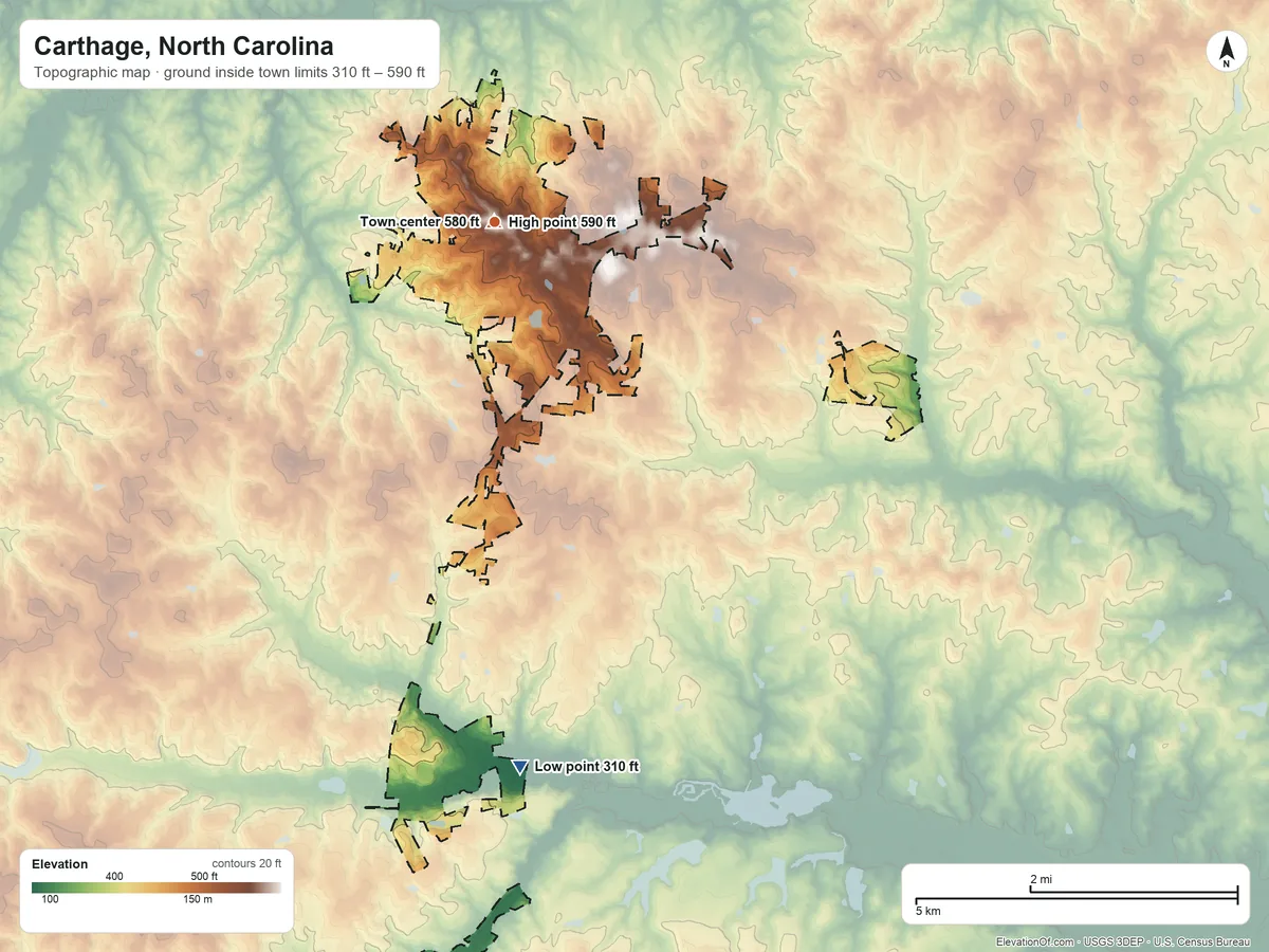 Topographic elevation map of Carthage, North Carolina, shaded from 310 ft on the south side to 590 ft near the middle