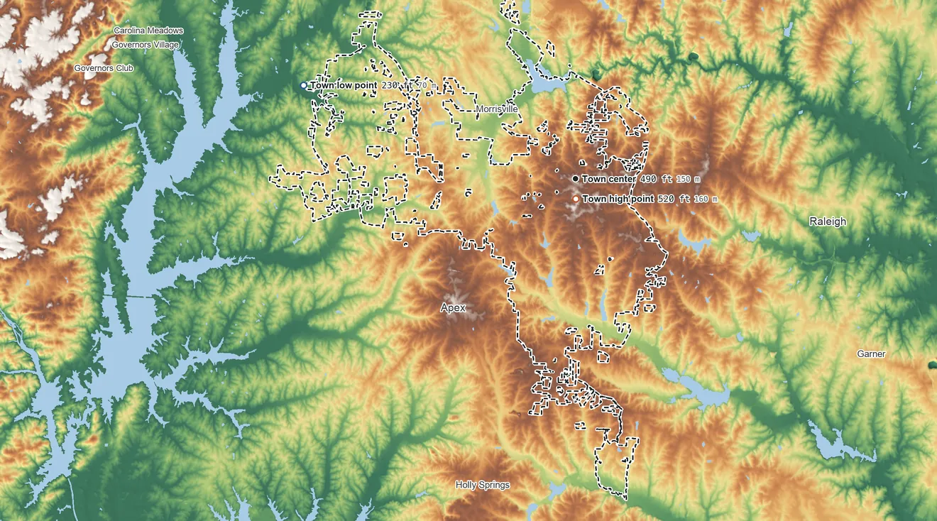 Topographic elevation map of Cary, North Carolina, shaded from 230 ft on the west side to 520 ft near the middle